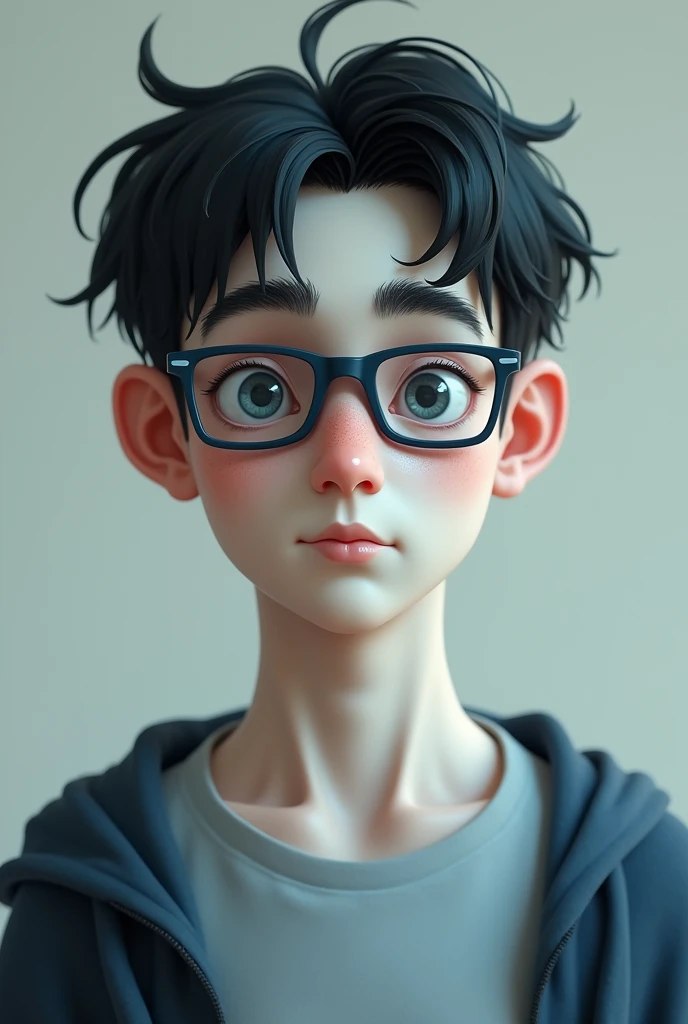 A young man with very white skin, dark blue glasses and short wavy hair, a little fat and very tall.