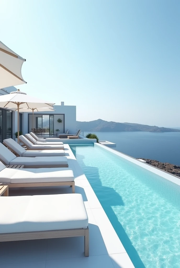 (masterpiece:1.2, Highest quality, Ultra-high resolution, Very detailed, Realistic, RAW Photos:1.2, Elaborate photos), 8k, wallpaper, (Ray Tracing), Santorini villa, (Infinity pool seamlessly blending into the ocean, Crisp white sun loungers and umbrellas, Deep blue Aegean Sea stretching to the horizon), A photo that embodies the ultimate luxury of an infinity pool with unobstructed views of the sea, surrounded by the minimalist elegance of the villa’s outdoor spaces.