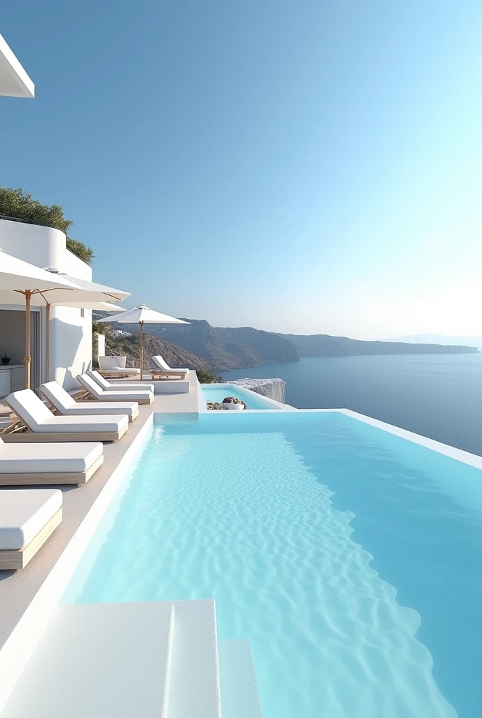 (masterpiece:1.2, Highest quality, Ultra-high resolution, Very detailed, Realistic, RAW Photos:1.2, Elaborate photos), 8k, wallpaper, (Ray Tracing), Santorini villa, (Infinity pool seamlessly blending into the ocean, Crisp white sun loungers and umbrellas, Deep blue Aegean Sea stretching to the horizon), A photo that embodies the ultimate luxury of an infinity pool with unobstructed views of the sea, surrounded by the minimalist elegance of the villa’s outdoor spaces.