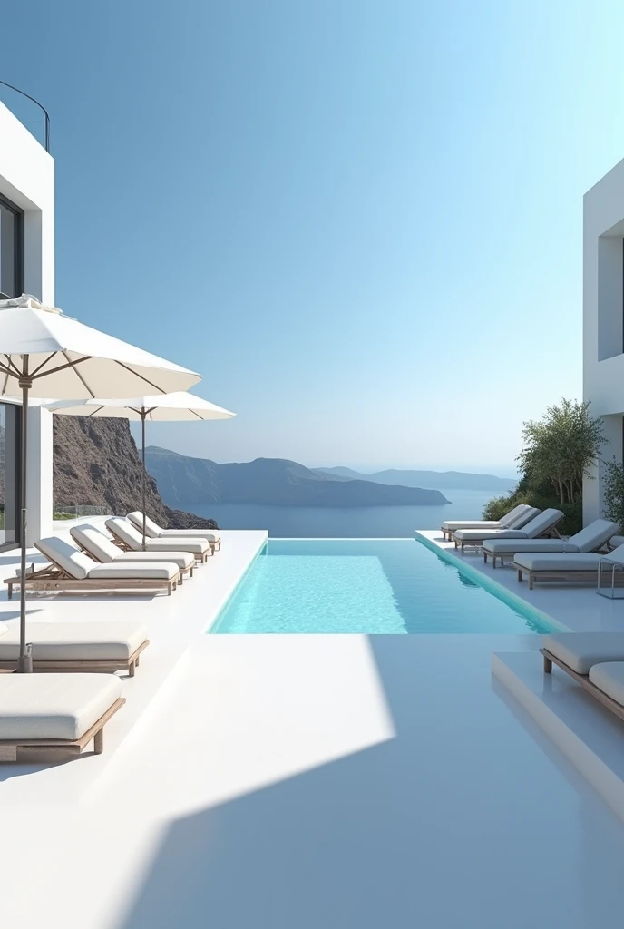 (masterpiece:1.2, Highest quality, Ultra-high resolution, Very detailed, Realistic, RAW Photos:1.2, Elaborate photos), 8k, wallpaper, (Ray Tracing), Santorini villa, (Infinity pool seamlessly blending into the ocean, Crisp white sun loungers and umbrellas, Deep blue Aegean Sea stretching to the horizon), A photo that embodies the ultimate luxury of an infinity pool with unobstructed views of the sea, surrounded by the minimalist elegance of the villa’s outdoor spaces.