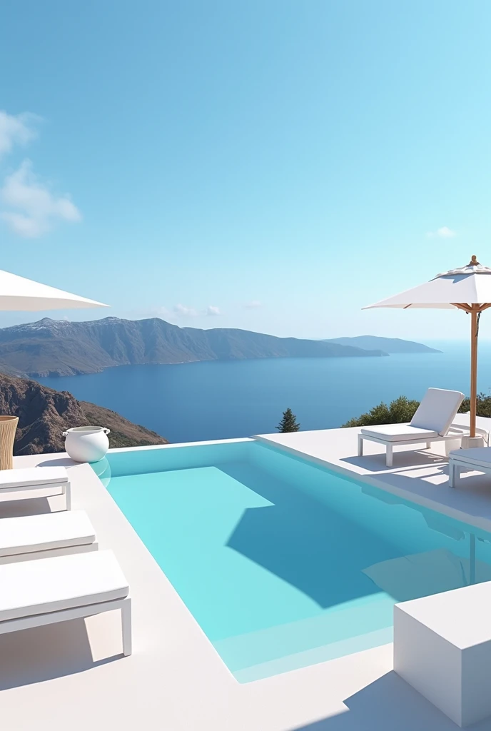 (masterpiece:1.2, Highest quality, Ultra-high resolution, Very detailed, Realistic, RAW Photos:1.2, Elaborate photos), 8k, wallpaper, (Ray Tracing), Santorini villa, (Infinity pool seamlessly blending into the ocean, Crisp white sun loungers and umbrellas, Deep blue Aegean Sea stretching to the horizon), A photo that embodies the ultimate luxury of an infinity pool with unobstructed views of the sea, surrounded by the minimalist elegance of the villa’s outdoor spaces.