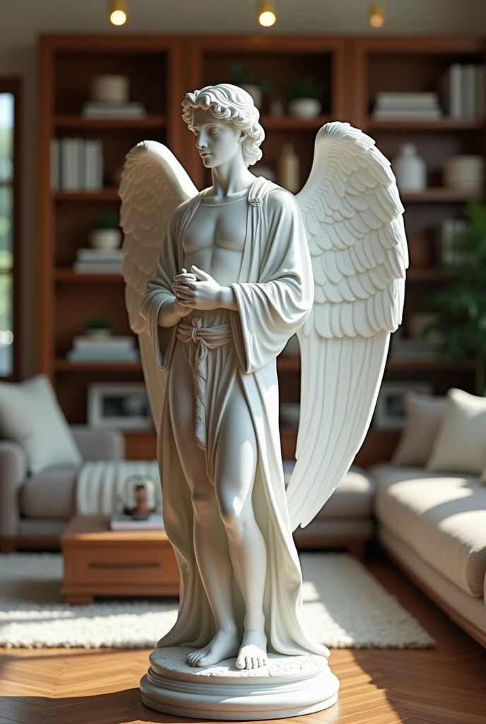 Statue of male angel in the living room of a house