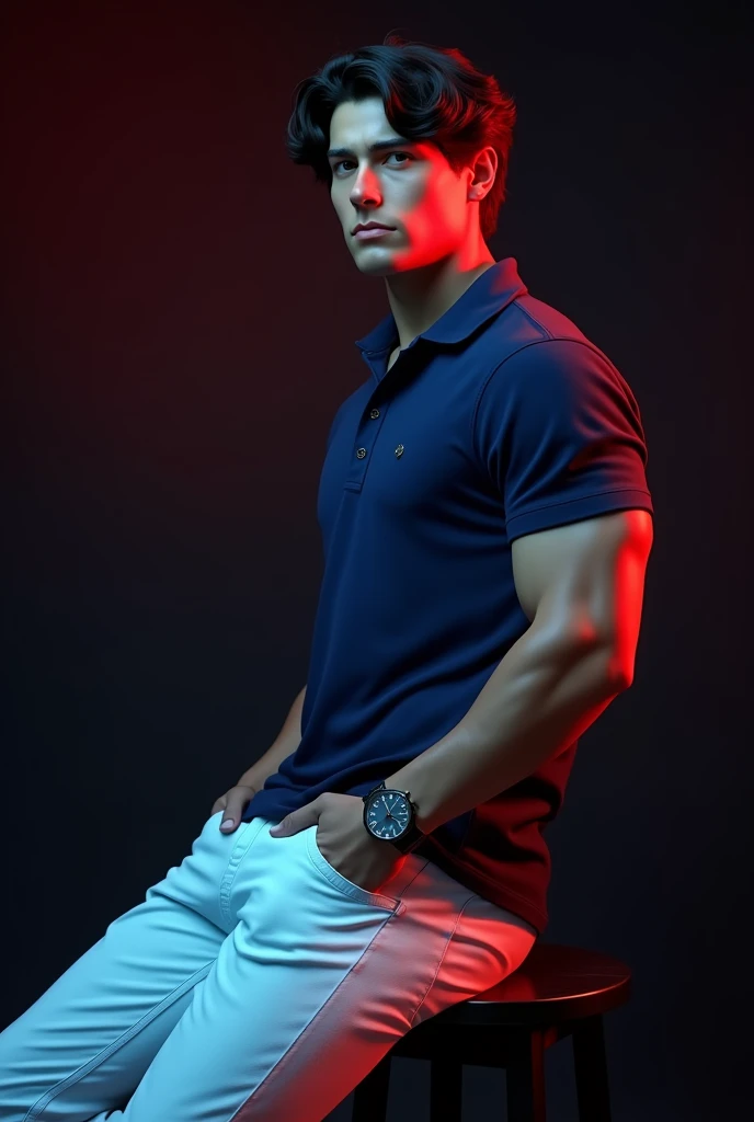 A  tan boy with big muscles and black wave hair on it and navy blue polo t shirt and white color long trouser and wearing a old watch. black color loafers and sitting in the black stool and black background red and blue light . The boy is turning right side 