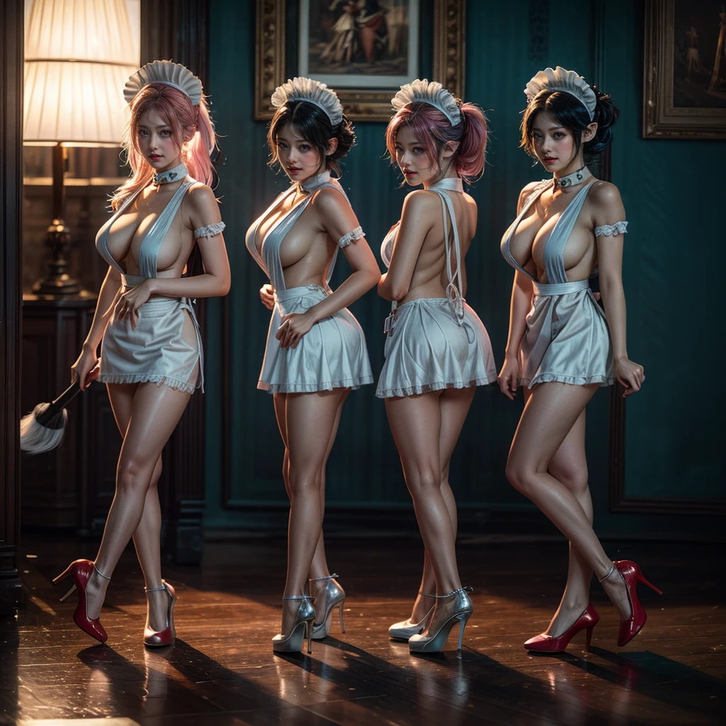 (Full Body of Extremely Detailed((Sexy Maid Group in a row:1.37))), KAWAII perfect face with Reflective Eyes, Detailed(Delicate Clothing textures), Correct Graceful Legs, Dynamic Joyful Expressions LifeLike Rendering, Specular Reflection, TopQuality 8K Ultra-detailed masterpiece (ProfessionalPhoto:1.37), (Acutance:0.8), (Luminism:1.28), Renaissance art style, Colorful Light particles, (Full body from side) {MicroMini Skirt|Kissing Face to Face|Thigh Gap|Cute Peach AssFocus|(NakedApron with (Overflowing Sideboob))}, Radiant Fine Skin with Transparency, (Exposed:0.4) {Pink Hair|LightBlue Hair|Blonde|Pure White Hair|Liquid Hair|Red Shoes}, Perfect Lighting