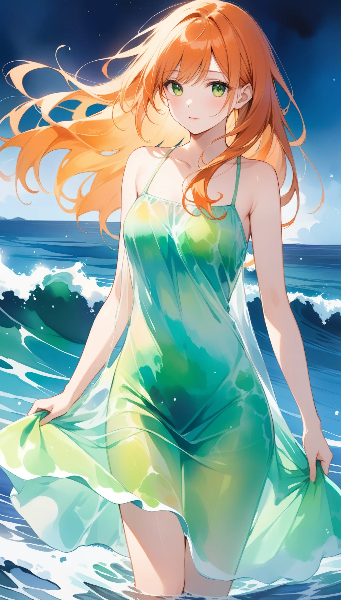(masterpiece, Highest quality), ((One person, alone, Long Hair)), Ishmael_edge, Innocent look, Bare arms, Exposing shoulders, Bare neck, watercolor, Sundress, Liquid clothing, water, Wave, water dress, green_theme, night, haze, dark, Sharp focus, Ocean, See-through dress, Orange Hair,