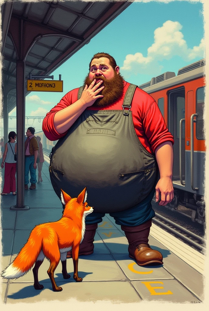 Colored drawing of a blacksmith with a big belly scared putting his hand over his mouth, when seeing an orange fox at a train station
