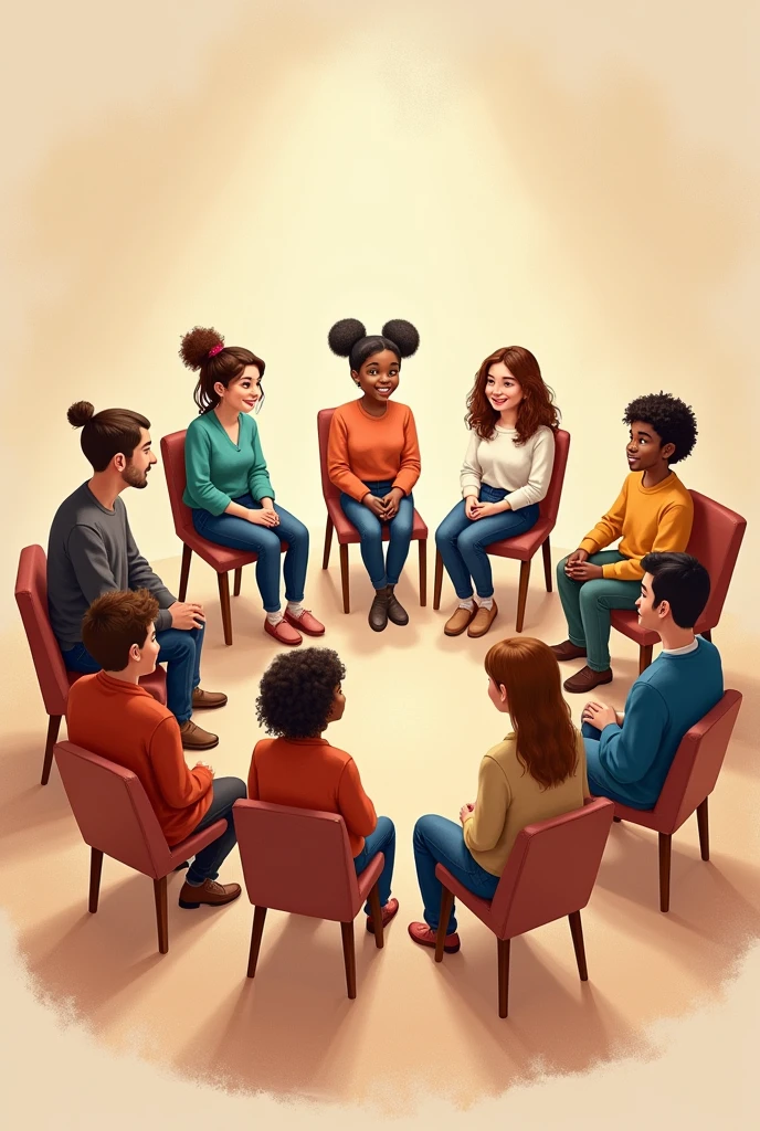 group therapy, ten people sittin on chairs, forming a circle, walrm colors, crayon illustration, disney style