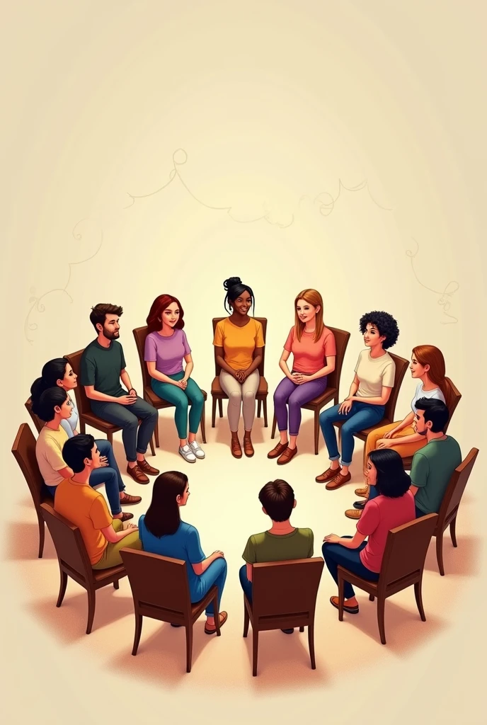 group therapy, ten people sittin on chairs, forming a circle, walrm colors, crayon illustration, disney style
