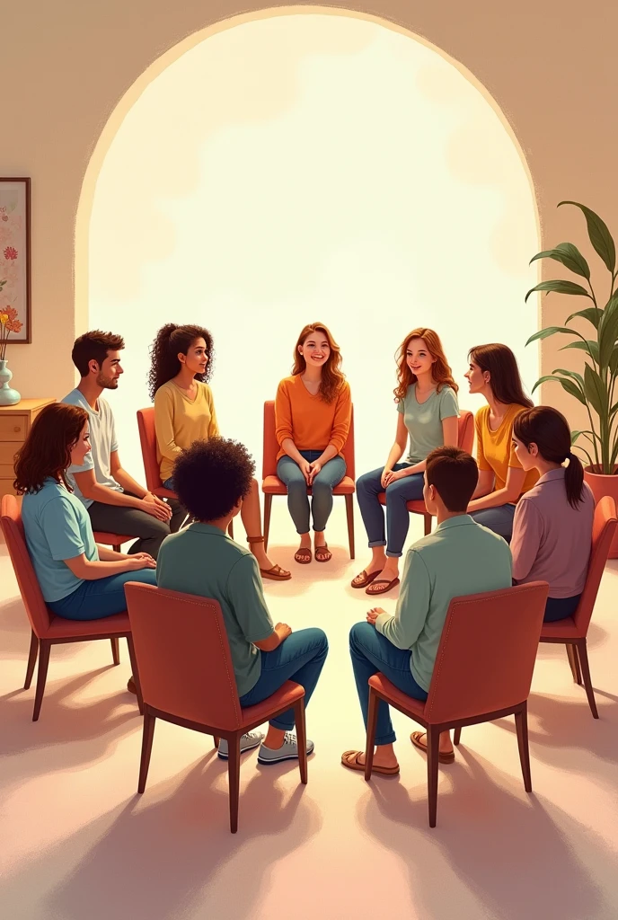group therapy, ten people sittin on chairs, forming a circle, walrm colors, crayon illustration, disney style