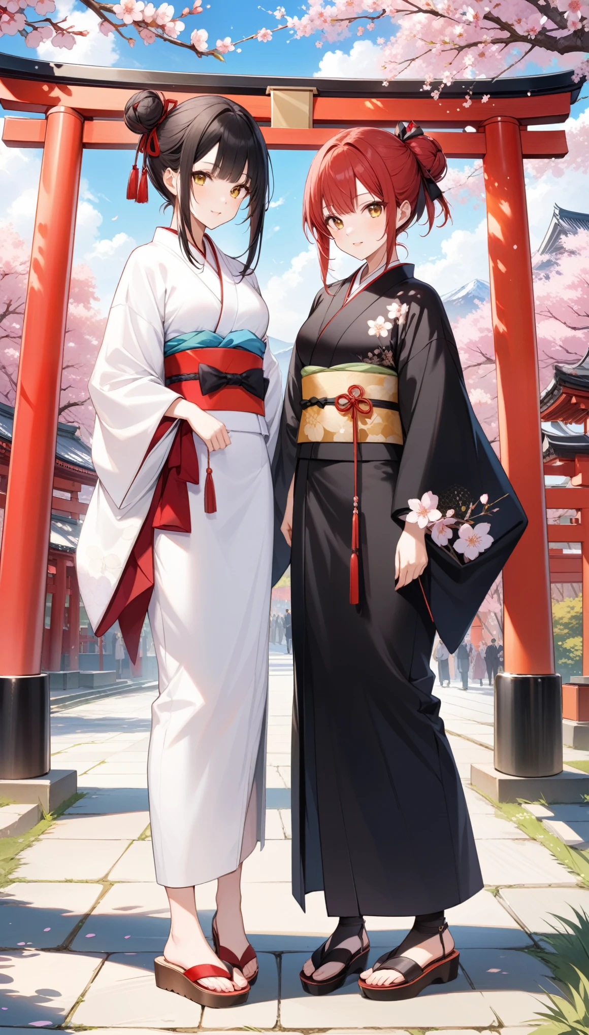 ((masterpiece,Highest quality)),Two people, black kimono, Black legwear, black ribbon, Black Hair, cherry blossoms, Day, flower, Hair Bun, hair ribbon, kimono, kimono, Long Hair, View your viewers, Recall , plural, belt, Outdoor, Red eyes, Redhead, ribbon, Sandals, Single Pan, stage, Are standing, picture, torii, wood, white kimono, Yellow Eyes,