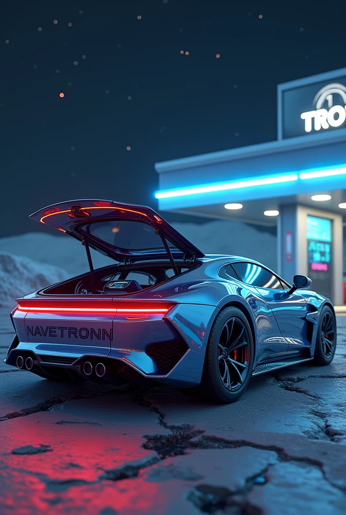 high quality image 3D Rendering, what a sporty style UFO spaceship would look like in cromado with metallic blue stripes, from the, with the trunk open and inside the trunk there is an speaker digital, the UFO spaceship is parked in an outer space gas station in planet moon and on the UFO spaceship plate there is the text in black metallic color, "NAVETRONN" galactic gas station scene