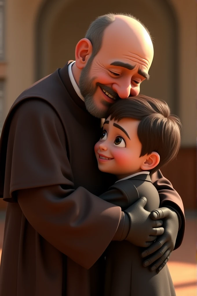 Create the character of Padre Pio with his brown habit and black gloves with a loving look hugging a 2 , who has dark brown hair and white skin. They are in the church in the Pixar style