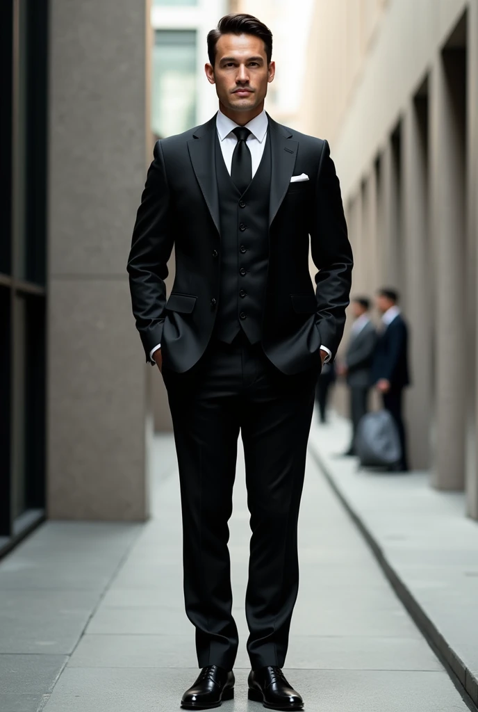 Generate a hd image of a person wearing a classic three piece black suit