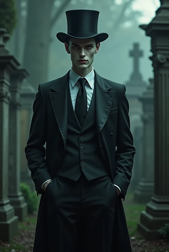 Tall man, bonitas, chic. de terno e gravata, top hats, pale skin, wide smile, black eyes, cemetery background, whisker, seducing gaze, Scrawny