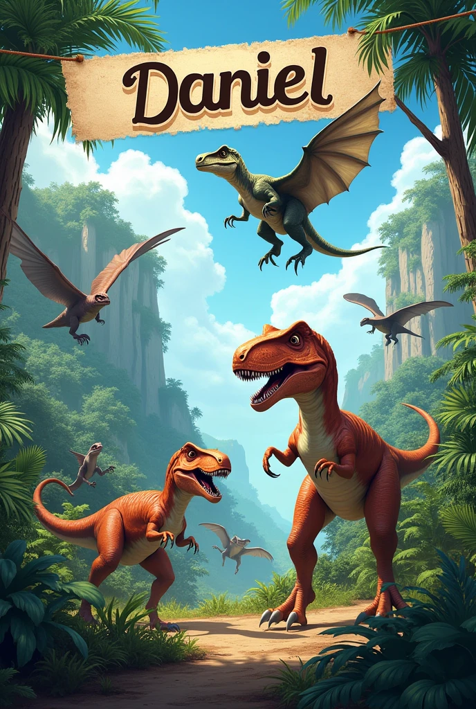 Jurassic World themed birthday invitation template, with flying dinosaur and other tyrannosaurs, more space to insert text and a dashed banner at the top that says DANIEL, In Portuguese.