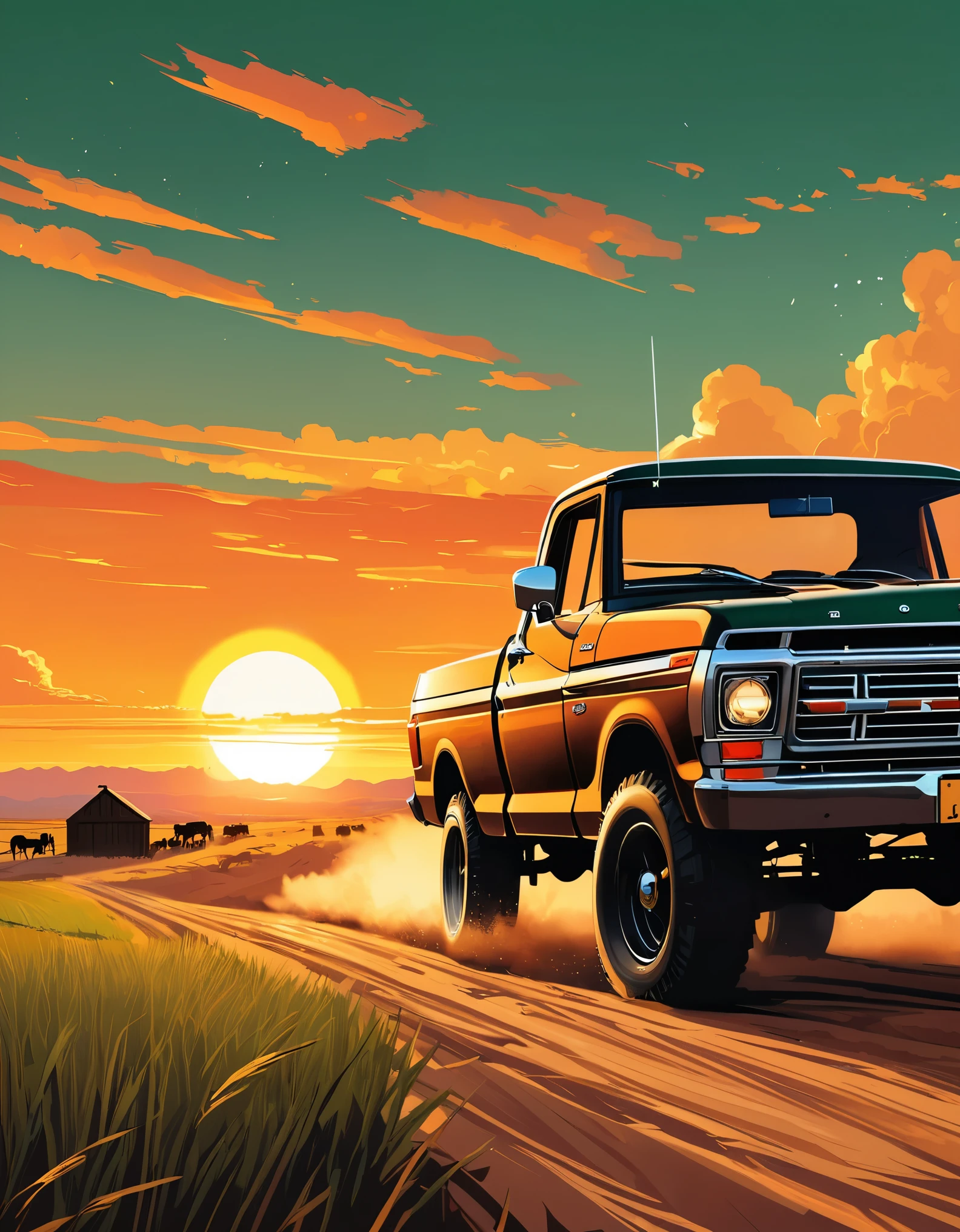 stylized digital art featuring a black Ford T driving down a dusty dirt road through a field during sunset. The sky is painted in warm shades of orange, yellow and red, with the sun low on the horizon. The car is portrayed from the corner, with its shiny black bodywork. Its wheels are classic, with a white stripe, rubberized tire and shiny metal rim that reflects the light of the setting sun. The car's headlights are on. The field is filled with tall grass that sways in the wind. The grass is represented in shades of green and brown, with some lighter areas, which could be an artistic choice to emphasize the intensity of the scene. The overall art style is reminiscent of comic book art, with bold lines and a limited color palette that enhance the dramatic effect of the scene. Art by Dechko Uzunov, highly detailed vector art, Red Dead Redemption art style, at sunset, comic book art, digital Ford T, Martin Ansin, by Evan Charlton, sunset!, by Eddie Mendoza, sunset illustration sun, featured art, digital colorful illustration, (masterpiece), best quality
