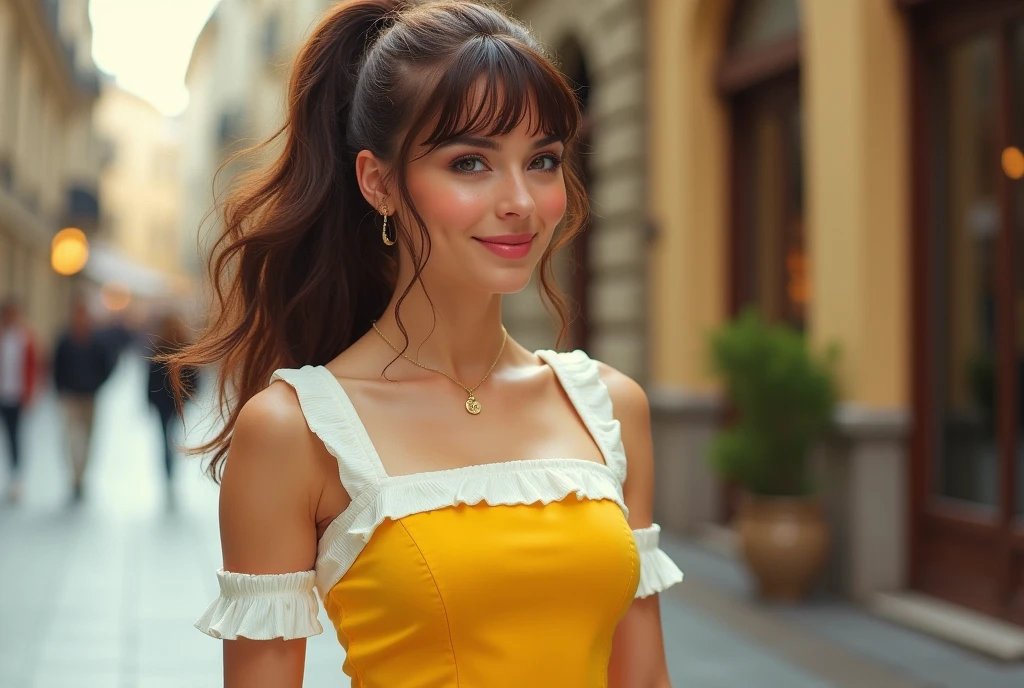 Lateral pont of view of a beautiful European woman with BROWN hair and ponytail with a little smile, wearing 80´s yellow and white dress, glossy suntan tights, white legwarmers and white HIGH TOP sneakers