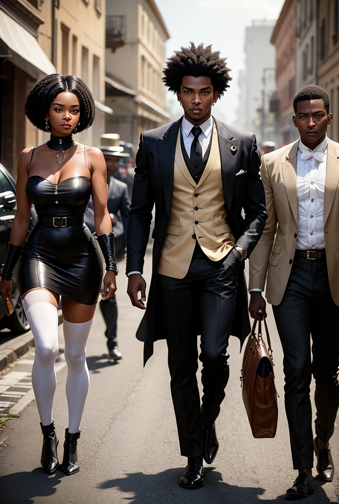 Black woman with Black Power hair wearing period clothing and black man matching her, accompanied by a skinny black teenager they meet at a crossroads on the ground there is cachaça, cigar and some bones