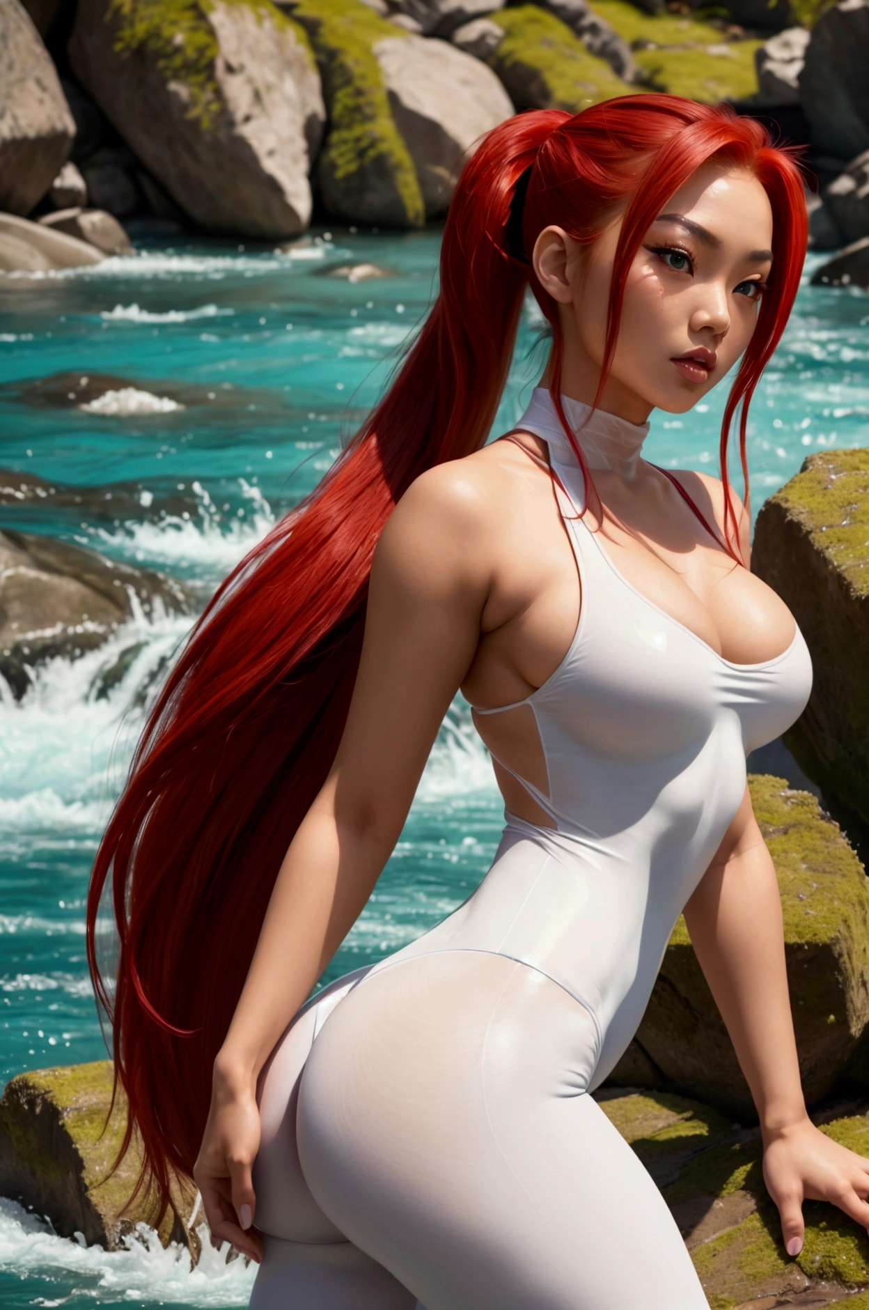 A frontal full view of a standing and sexy beautiful female asian, long red hair in a pony tail, green eyes, a white colored see through skin tight leotard thong, red colored leggins, majestic curves, a natural river scene background