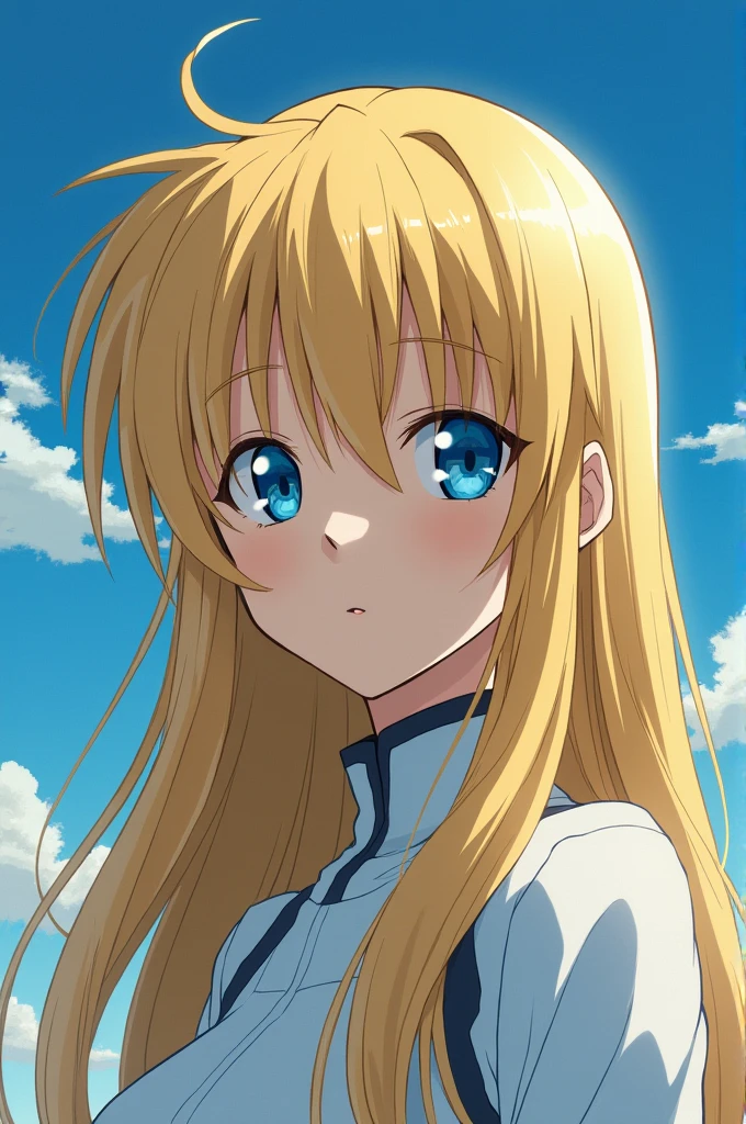 Long blone hair, blue sky eyes with Evagalion 1995 art style, Eva 002