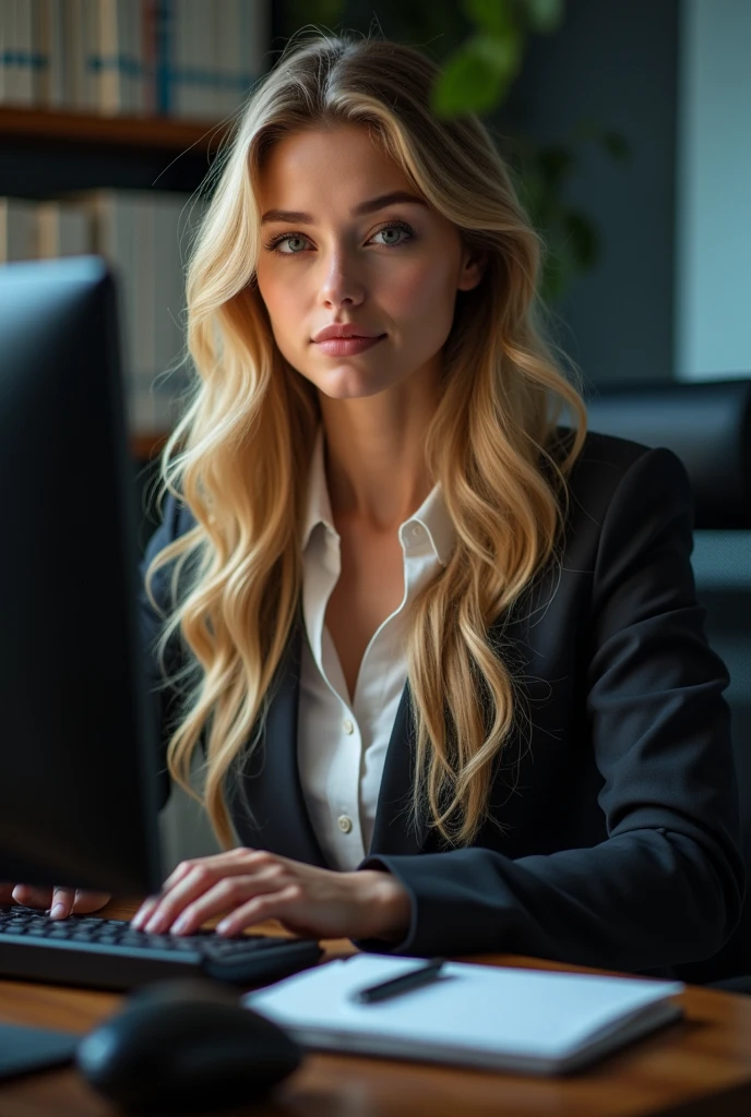 a pretty one with long blonde hair, detailedeyes, nase, and lips, wearing professional clothing, sitting in his office, using your computer, HP computer (best qualityer,4K,8k,high resolution,work of art:1.2),ultra detali,(realisitic,photorealisitic,photo-realisitic:1.37),HDR,studio lighting,extremely detailed face and body, portraite,cinematic lighting,dramatic lighting,warm color tones,dramatic colors