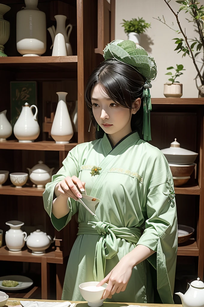 Chinese woman wearing light green Hanfu pouring tea into a white cup, inspired by Guan Daosheng, Chiba Yudai, Silver needle out, Inspired by Zhao Mengfu, inspired by Cao Buxing, Inspired by Cao Zhibai, Strong Tree, feng shu, Inspired by Ding Yunpeng, Inspired by Huang Tingjian