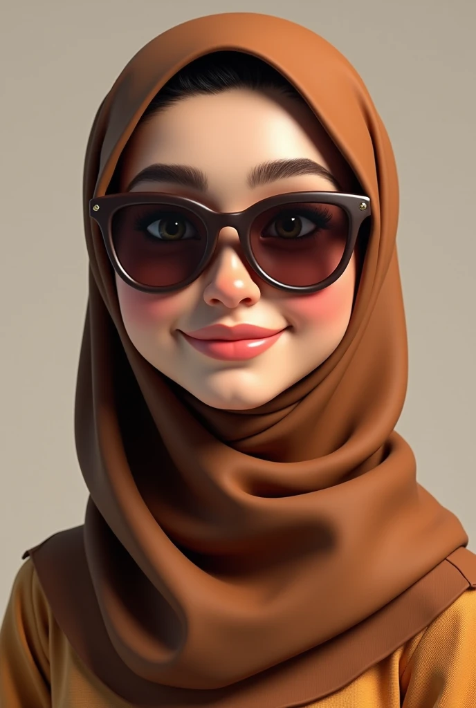 A emma myers,perfect eyes,with brown hijab,medium body, wink expression,,put red oakley glasses, 3d render