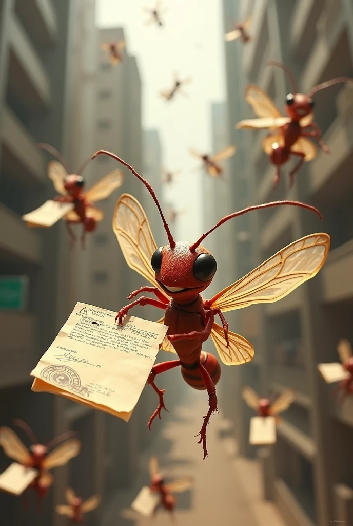 Ants flying at high speed holding papers indicating haste