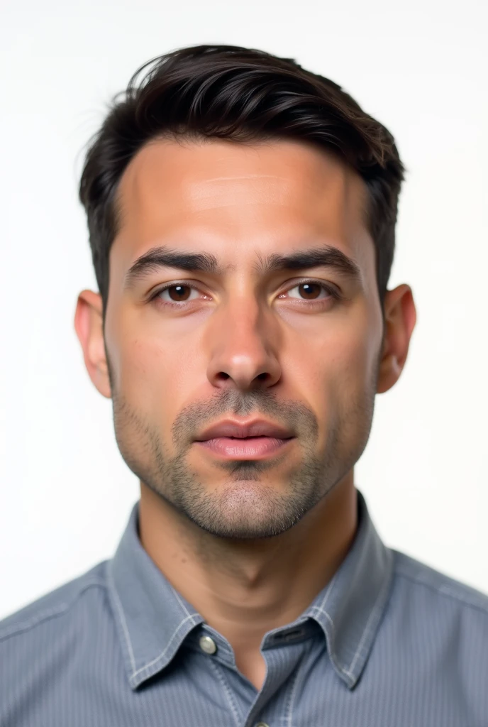 generate a 3x4 color photo for document with the following specifications:The photo must be of a man,  in size 3x4 cm, with a minimum resolution of 300 dpi, white background, uniform lighting, and the face centered, with the head straight and not tilted. Use neutral facial expression,  Serious facial expression.