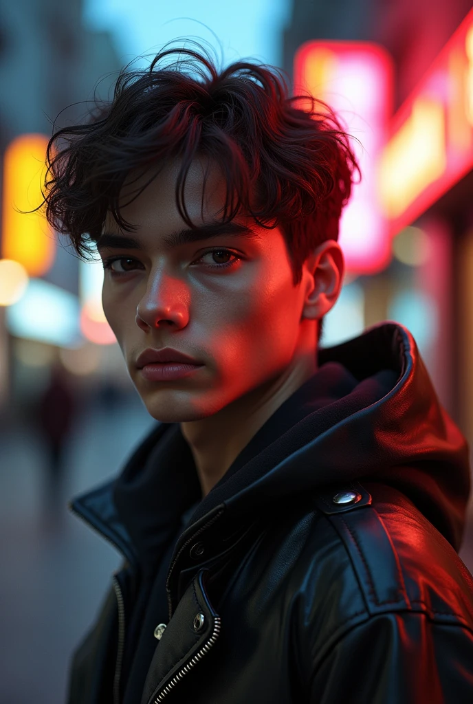 Young ultra-realist (high quality, 8k, mesa, ultra high definition)masterpiece,high quality,High resolution,Perfect dynamic composition,beauty(Latin boy) (1 boy 2)(realistic photo)(Hyper realistic)((fujicolor,soft lighting during the day)fashion supermodel((best high quality real texture skin)(Cabello con textura de high quality.))((Short wavy brown hair ((hairstyle on both sides))intricately detailed))(perfect proportions)(anatomically correct)(Perfect male body) (complexion media)(super beautiful face)(light eyes)(realistic face)Very detailed face,absurd(intricately detailed light eyes)The male eye with a digital representation.,realistic eyes,light eyes). Wear a leather jacket (cyberpunk) (hood over his head) ,Whole body((intricately detailed pleated modest leather BDSM costume))dynamic pose(((above knee shot)))look at the viewer(gentle)(city evening)(neon sign)(evening) (front body)