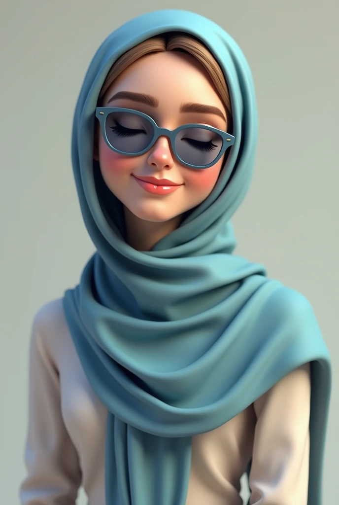 A emma myers,closed eyes,perfect eyes,with hijab,medium body, wink expression,,put blue oakley glasses, 3d render
