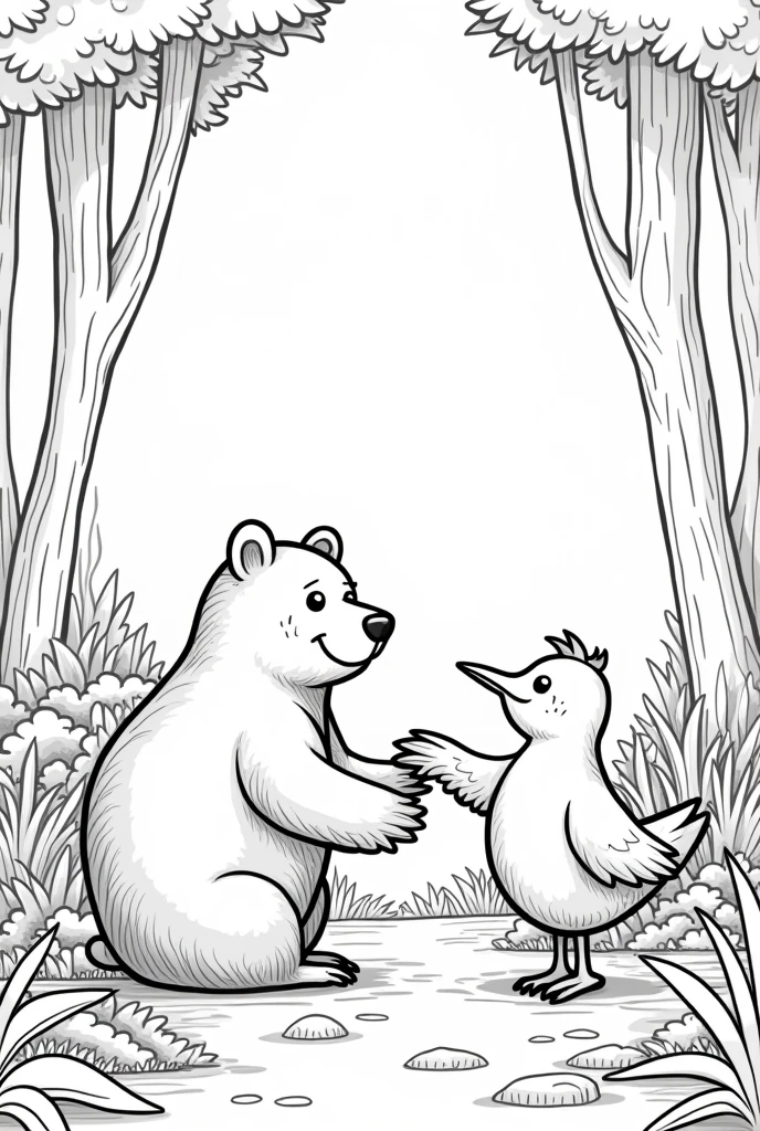 coloring book of a single bear closing deal with a bird by touching the bear's hand and the bird's wing in a huge forest, no color, cartoon style, thick lines, strokes only, white background