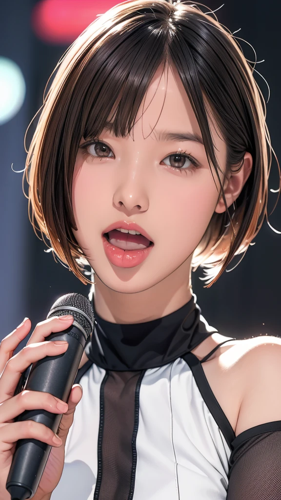 Highest quality, masterpiece,Photorealistic,One person，Sop，Open_moutsideh，microphone，tongue，tongue_outside, , Bobcut