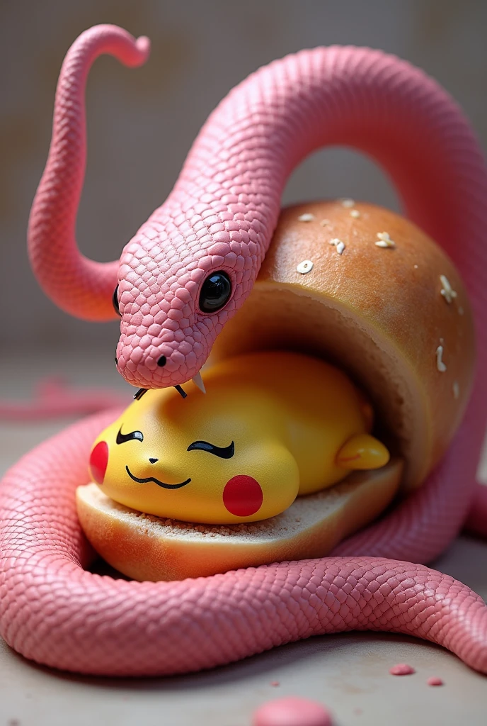 a pink snake chewing on a bread stuffed with a pikachu lying dead inside aggressively
