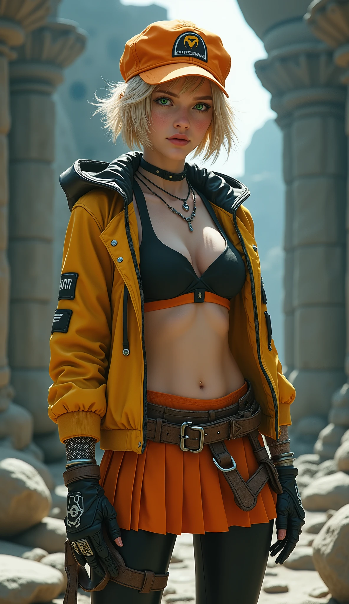 (The best quality,A high resolution,Ultra - detailed,actual),Cindy Aurum  Fantasy XV,(Cindy has short blonde hair:1.4) , green eyes and a slightly tanned complexion, (His attire consists of an orange cap with the Hammerhead sign:1.4) ., a pair of black gloves, (a yellow jacket:1.4) , (a salmon bra:1.4) , (a pair of black welding glasses:1.4) , (some denim shorts:1.4) , a brown tool belt, black stockings and a pair of white high-heeled boots, ,(Dungeon ruins background ruins large stones cavern cave :1.4 ), epic fantasy art style hd, 4K fantasy art, epic fantasy digital art style, epic fantasy art style, Fantasy Woman, epic fantasy art portrait, Epic fantasy style, hyperrealistic fantasy art, hd fantasy art, epic fantasy character art, epic fantasy art, in style of dark fantasy art, epic fantasy digital art, high quality, (raw photo, best quality), (realistic, Photorealistic: 1.4), (extremely delicate and Beautiful: 1.4), Amazing, fine details, masterpiece, Ultra detailed, high resolution, best illustration, best shadow, intricate, ( extremely intricate: 1.2), (exquisitely detailed skin), cinematic light, Perfect anatomy, (cool color: 1.4), Sharp focus, 8K UHD, DSLR, (Fujifilm XT3),(cowboy pose :1.4),( cinematic lighting :1.4),( bright colors :1.4),(Cindy Aurum Fantasy XV:1.4), (Cindy Aurum V2.1),( face detailed :1.4), More detailed 8K.motor irreal:1.4,UHD,La mejor calidad:1.4, fotorrealista:1.4, textura de la piel:1.4, obra maestra:1.8,obra-prima, mejor calidad,objeto Objeto], (detailed face features:1.3),(Las proporciones correctas),(Ojos hermosos azules), (85mm F/1.4)), (bikini bra pink :1.4) 