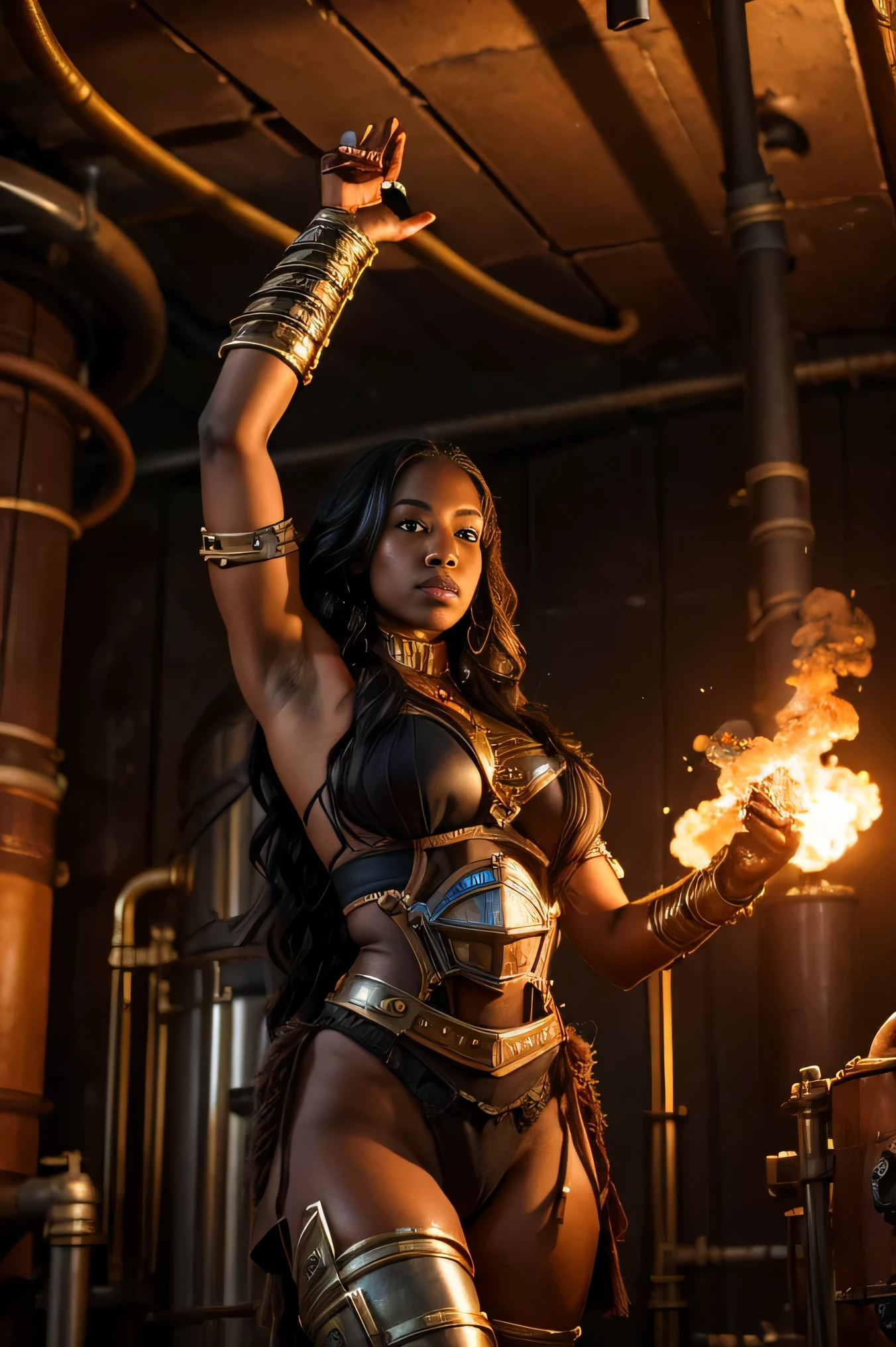 A beautiful dark-skinned Amazon warrior woman, arms raised, pulling on pipes, destroying a steampunk airship control room, broken pipes, flames, realistic