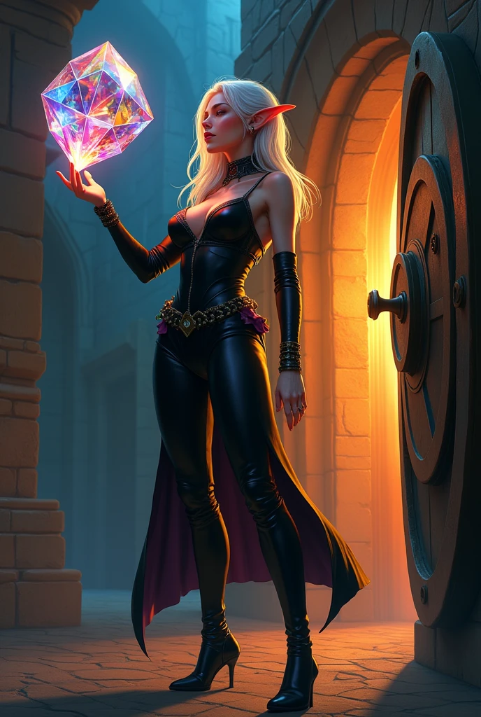 a fantasy epic illustration ((Julie Bell style: 1.5)) of an elf thief holding a large diamond in a vault, a female elf thief, full body, small pointy ears, dynamic hair color, dynamic hair style, pale skin, ultra detailed face, wearing black leather leotard, black leather pants, busty, small cleavage, high heel boots, she is happy for reaching her goal, success, holding a large sized (diamond: 1.3), brilliant diamond, many facets, many colors diamond, fantasy safe vault background, torchlight, vibrant, Ultra-high resolution, High Contrast, (masterpiece:1.5), highest quality, Best aesthetics), best details, best quality, highres, 16k, [ultra detailed], masterpiece, best quality, (extremely detailed) RAW, (ultra details, Masterpiece, best quality), diamondWM, Cinematic Shot