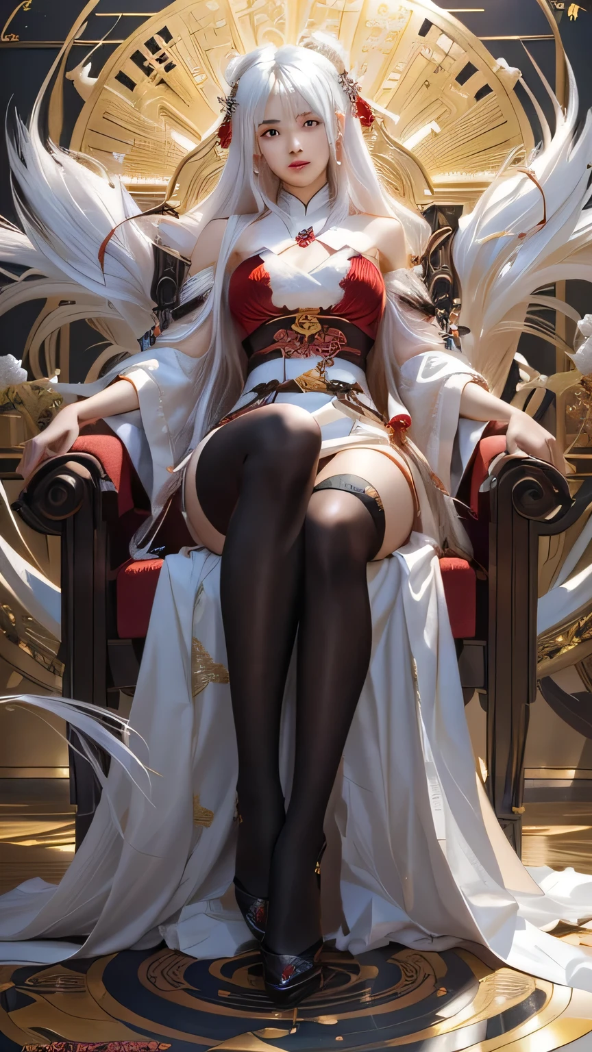 A woman in a white dress sits on a red chair, Anime Goddess, Long-legged black beauty，Extremely detailed Artgerm, White-haired deity, Kushat Krenz Key Art Women, Beautiful and charming anime woman, guweiz on pixiv artstation, guweiz on artstation pixiv, Onmyoji detailed art, Popular on cgstation, author：Yang J