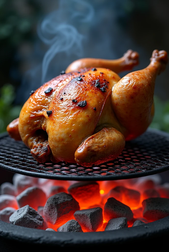 Create a real image, of a roast chicken cooked over charcoal embers