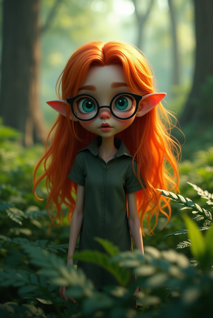 Masterclass, cinematic, epic, realistic, ultra high realistic, 4K, imp, female, Green, pointed nose, naughty, long orange hair, small, in forest, nerdy glasses, blau-graue augen,