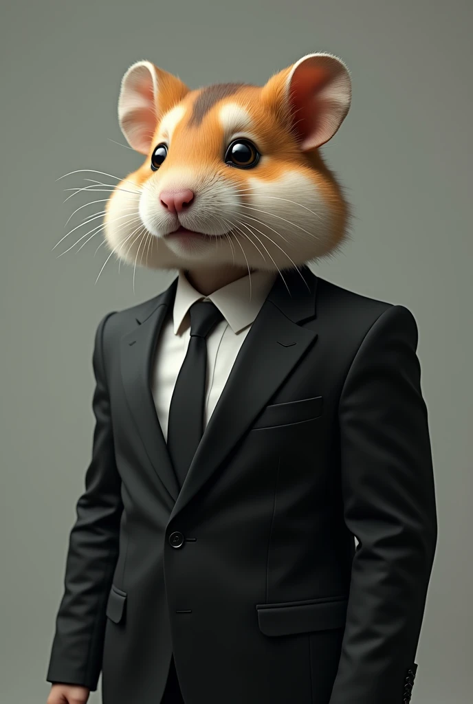 Generate a hd image of a person wearing a classic three piece black suit remove his face and add a hamster face
