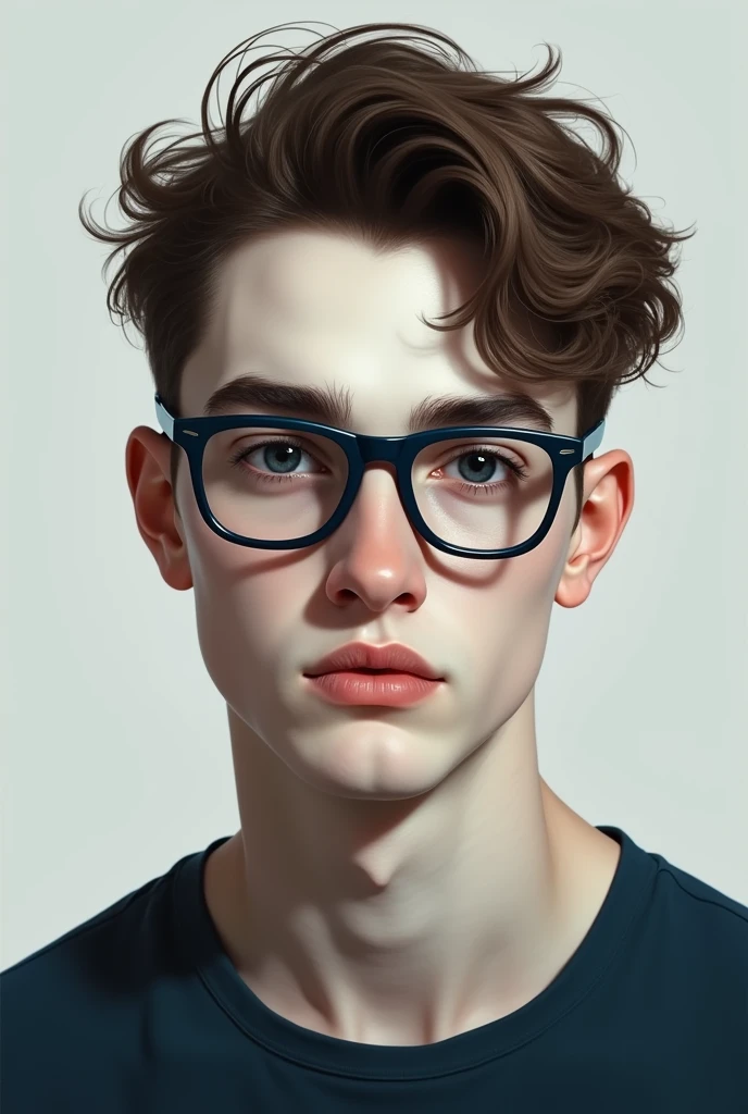 A young man with very white skin, dark blue glasses and short wavy brown hair. a little fat and quite tall. black eye