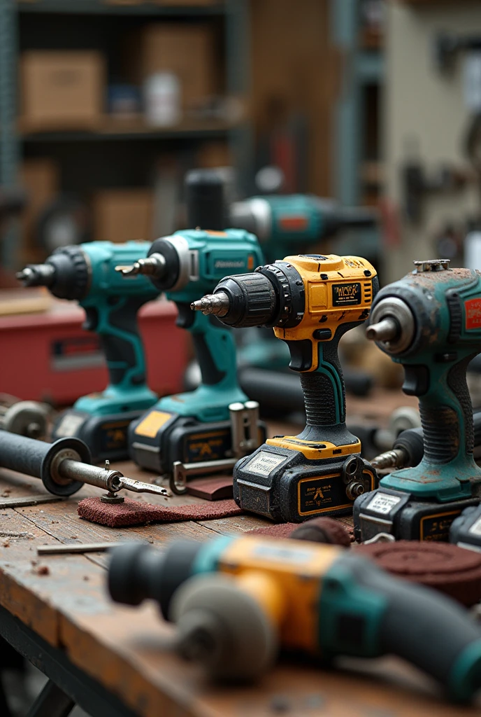 Image containing various drills, polishers and power tools that are repaired