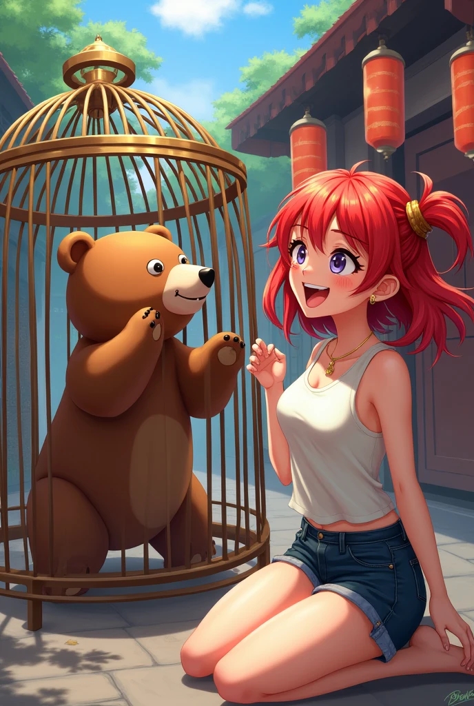  laughing redhead woman, avec un ours en cage, japanese anime type
