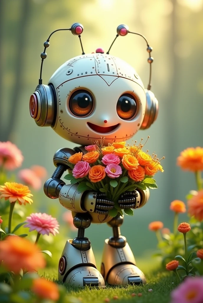 A happy robot with flowers in his hand