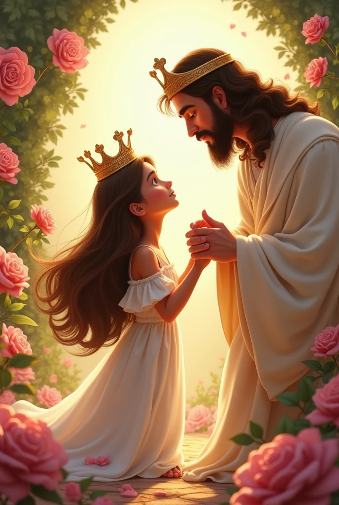 a kneeling girl in white clothes and a crown, drawing in the Disney Pixar style, in a dress with short sleeves and exposed shoulders, big, flowing hair, brownhair, She is with Jesus and Jesus places the crown on her head, place surrounded by pink roses and lilies