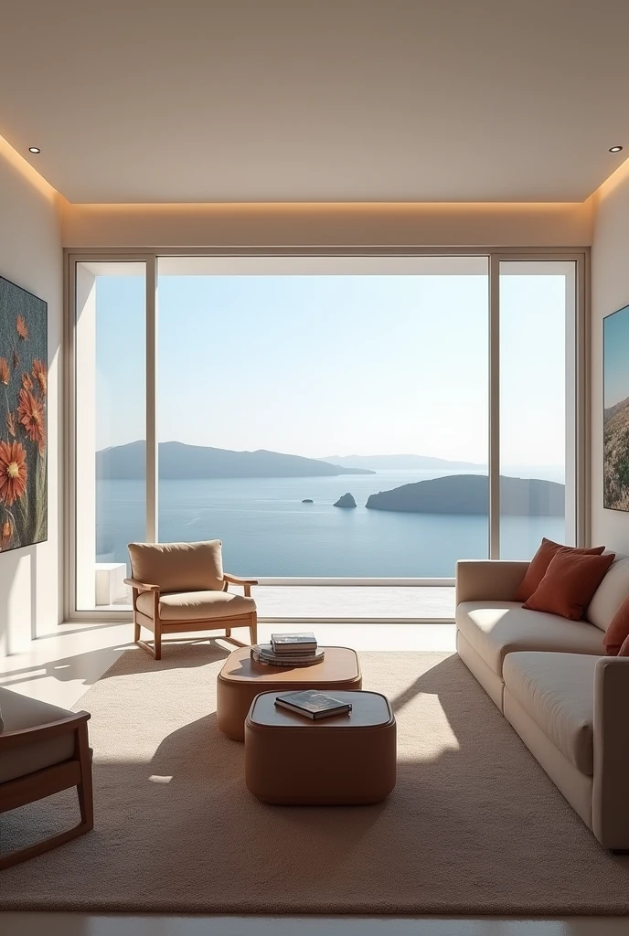 (masterpiece:1.2, Highest quality, Ultra-high resolution, Very detailed, Realistic, RAW Photos:1.2, Elaborate photos), 8k, wallpaper, (Ray Tracing), Santorini villa, (Spacious living room with floor-to-ceiling windows, Elegant designer furniture in soft tones, Expansive view of the sea, Custom artwork adorning the walls), A photo that captures the sophisticated elegance of a living room bathed in natural light, offering a seamless connection to the stunning seascape beyond.