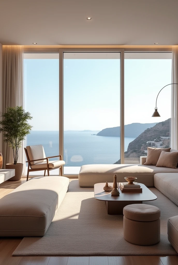 (masterpiece:1.2, Highest quality, Ultra-high resolution, Very detailed, Realistic, RAW Photos:1.2, Elaborate photos), 8k, wallpaper, (Ray Tracing), Santorini villa, (Spacious living room with floor-to-ceiling windows, Elegant designer furniture in soft tones, Expansive view of the sea, Custom artwork adorning the walls), A photo that captures the sophisticated elegance of a living room bathed in natural light, offering a seamless connection to the stunning seascape beyond.