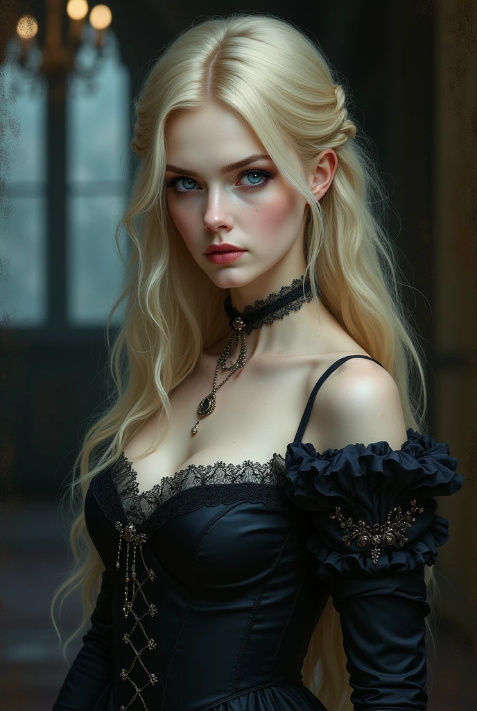 blonde vampire woman with blue eyes and victorian dress paint