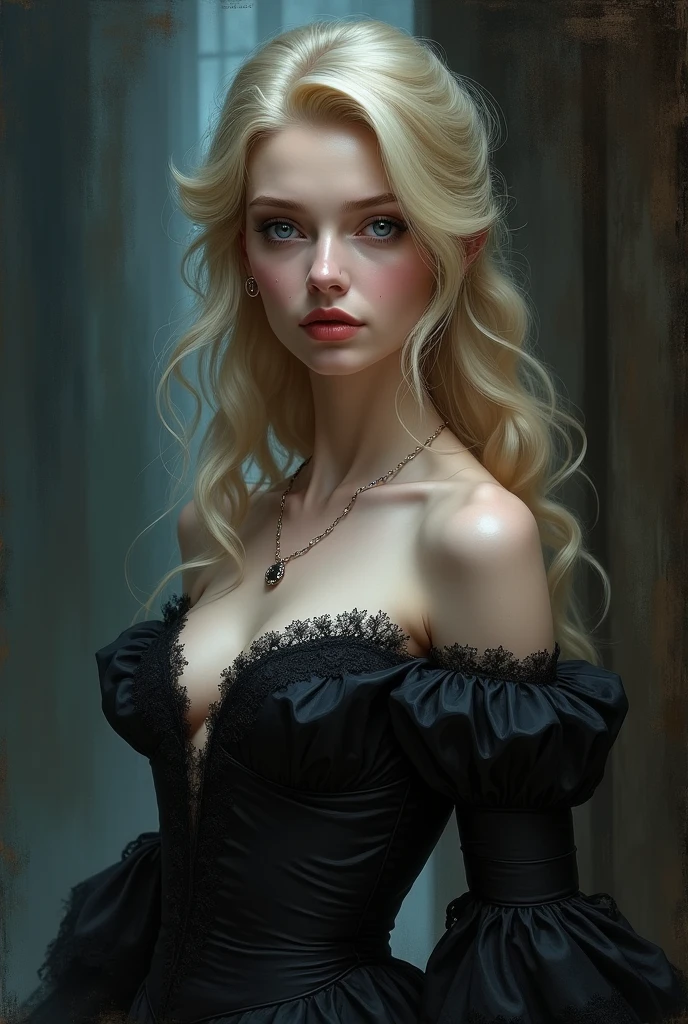 blonde vampire woman with blue eyes and victorian dress paint